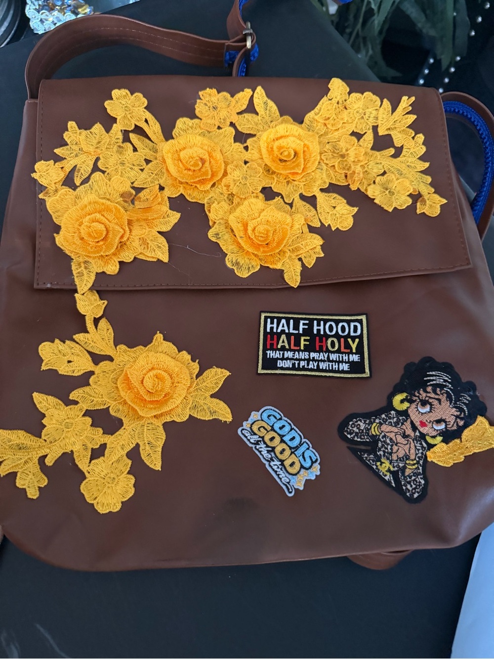 Brown Crossbody Bag with Yellow Floral Appliqué